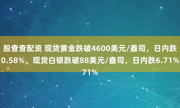 股查查配资 现货黄金跌破4600美元/盎司，日内跌0.58%，现货白银跌破88美元/盎司，日内跌6.71%